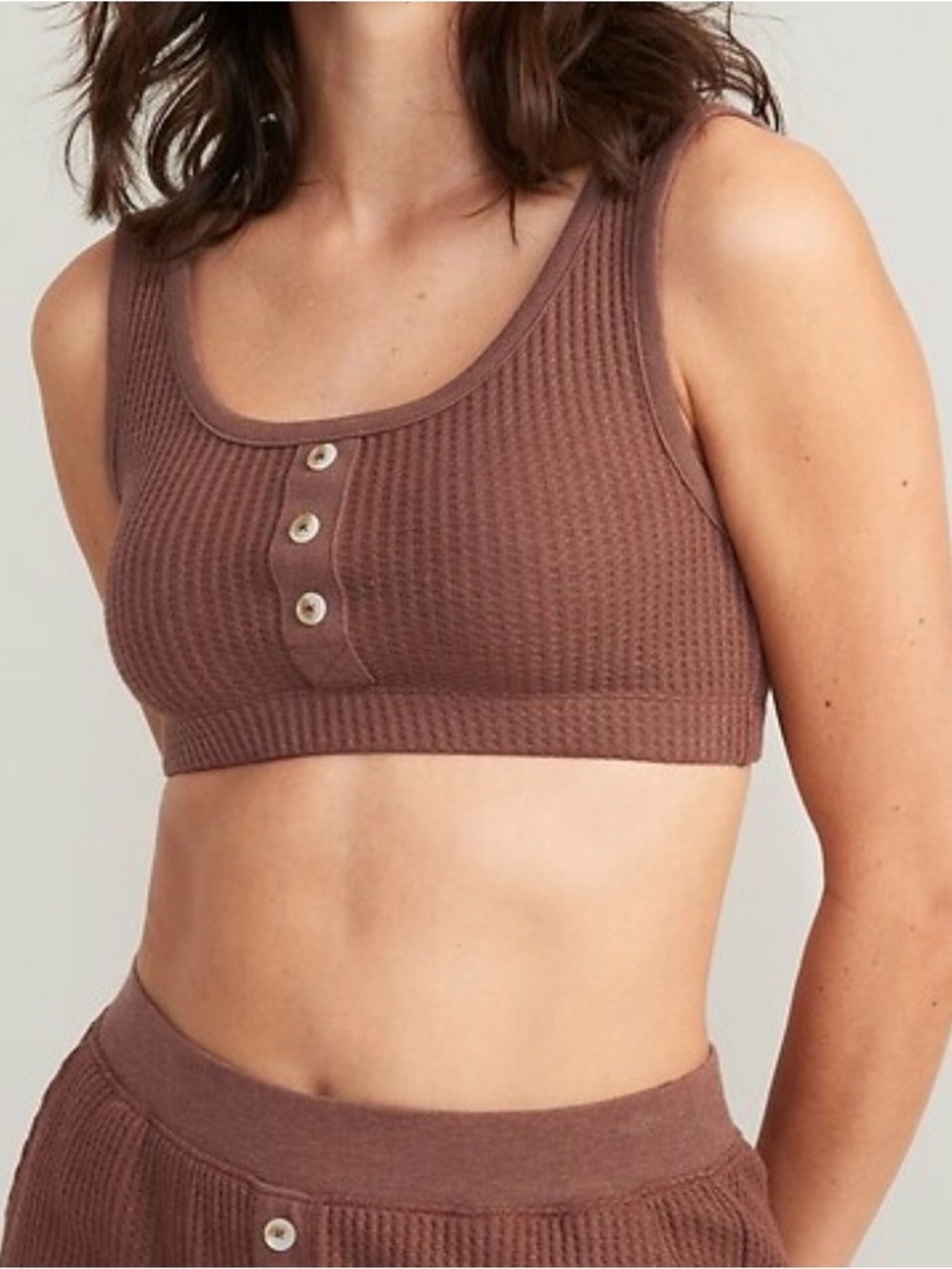 Old Navy Waffle Knit Button-Front Cami Bralette Crop Tank Top - Root Beer